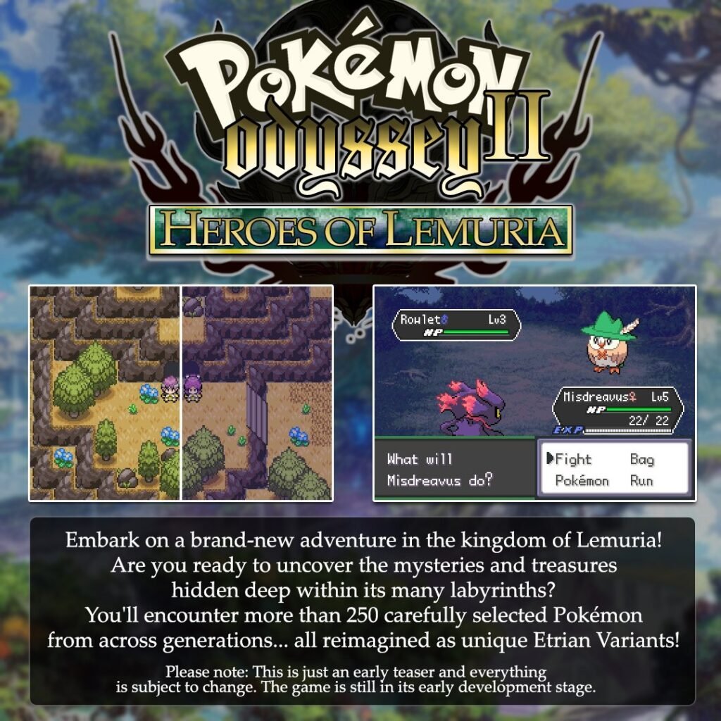 Split-screen map and battle UI showing Etrian-style map tiles on left and a turn-based battle with a Rowlet on right.