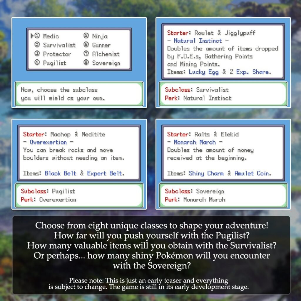 Class selection menu and starter description boxes showing Machop+Meditite, Rowlet+Jigglypuff, and Ralts+Elekid along with perks and starter items.